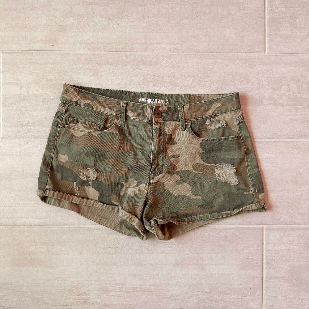 American Rag Shorts Camo Midrise Hot Pants Festival Army Print Cotton Button Zip